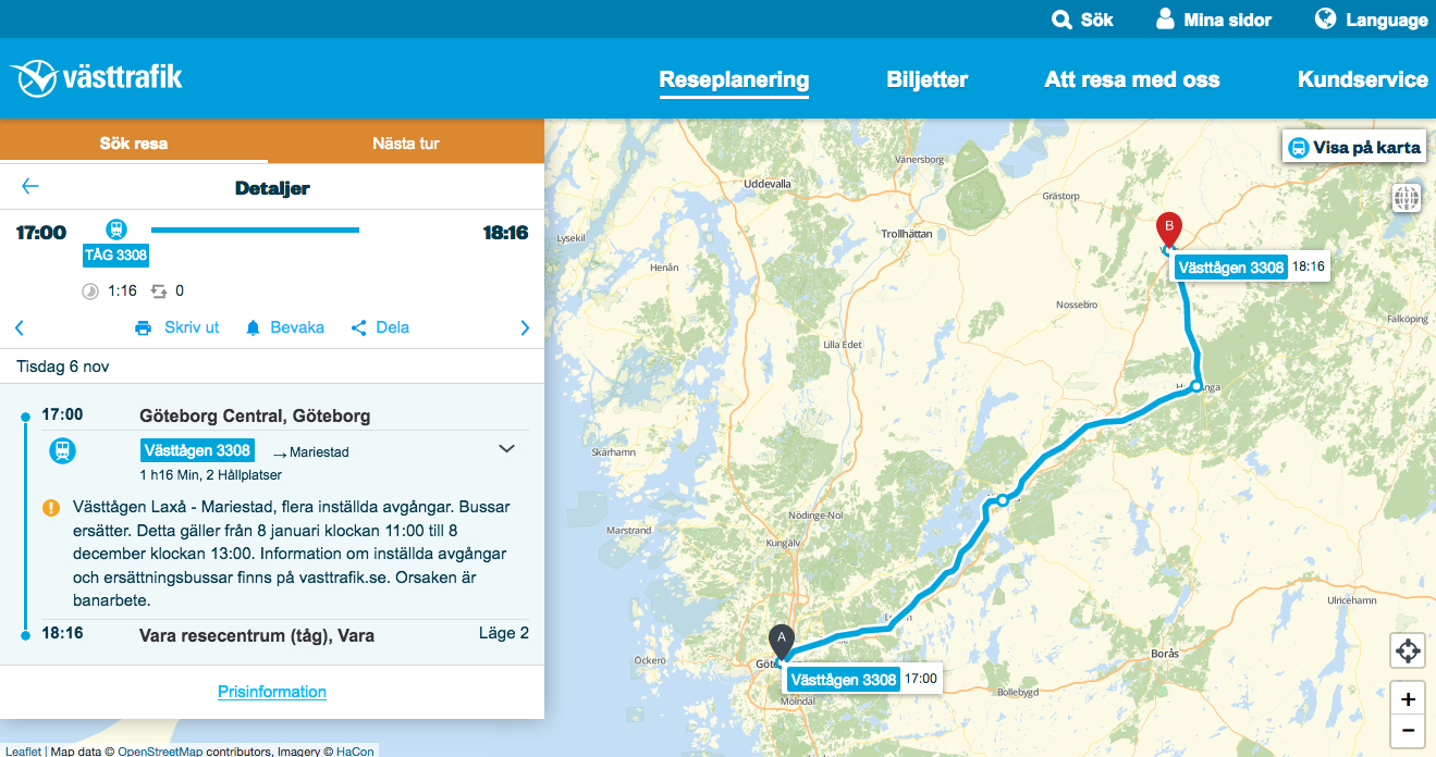  Image of travel suggestion Göteborg to Vara November 6 2018