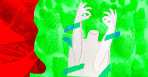 En illustration med en överkropp i svart utan huvud, Kroppen sträcker upp sina armar och formar tummarna och pekfingrarna till en öval, där ett öga i vardera oval tar plats. I bakgrunden syns grön del samt en mindre del som är färgad röd. Illustration och grafik: Emilia Wärff