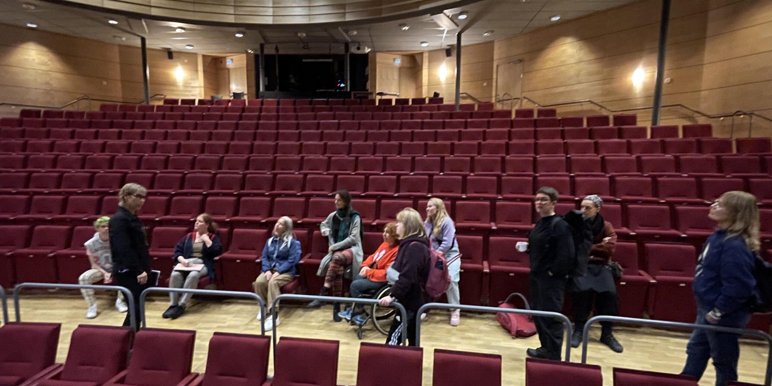 Salongen i en teater. Röda publikplatser syns i större delen av bilden. Mitt i bilden står och sitter 11 personer.lyssnades på en person som pratar.